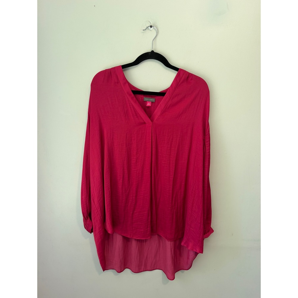Vince Camuto Women 3X Pink V-Neck High Low Blouse Long Sleeve Hammered Satin Top